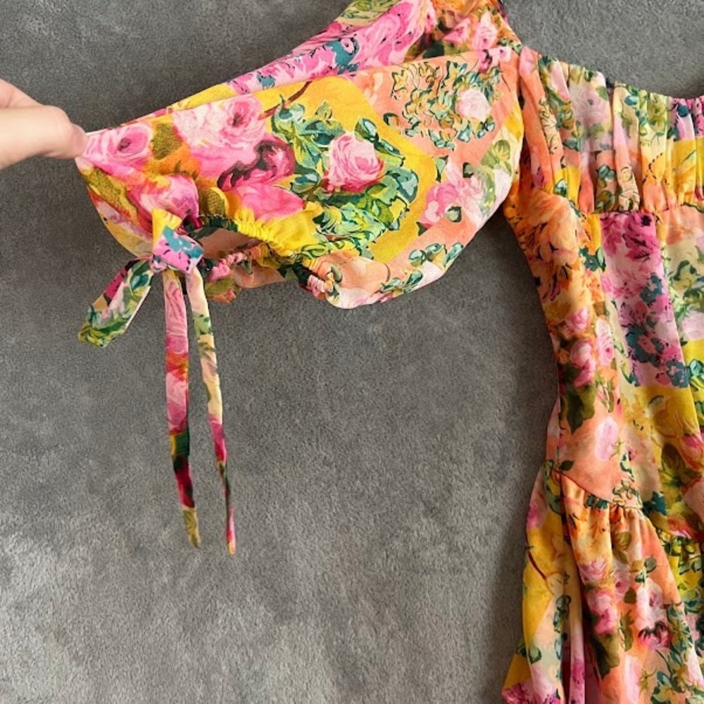 For Love and Lemons Nina Mini Dress Womens S Floral Puff Sleeve Ruffle Coquette - Picture 3 of 12